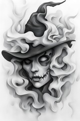 Vintage 80s Halloween Bat Close-Up with Hat and Misty Waves - Black and White Surreal Illustration