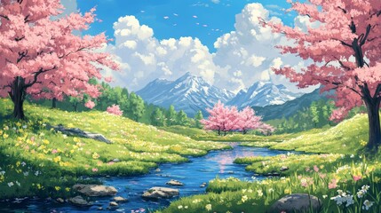 Charming Spring Scene with Vibrant Blossoms, anime style