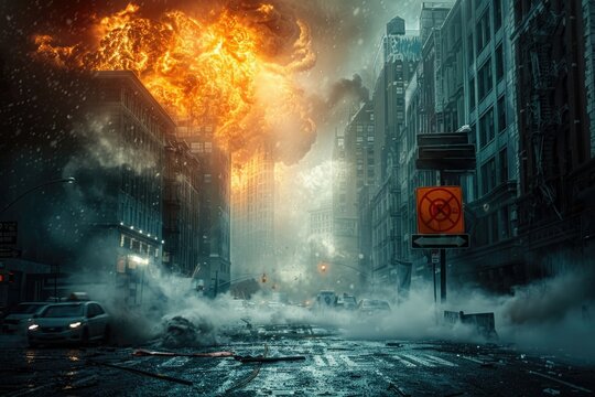 Apocalyptic Cityscape with Explosions and Swirling Smoke in an Abandoned Urban Street