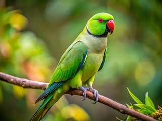 A green ring-necked parakeet sits proudly on a branch, its vibrant plumage highlighted by a striking black necklace