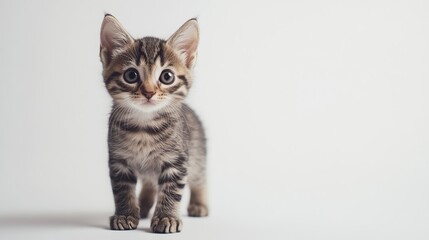 Obraz premium A charming tabby point kitten stands upright, facing the camera. Its curious gaze exudes an air of feistiness as it poses on a pristine white background. 