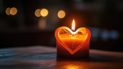 A heart-shaped candle burning softly in a dark room