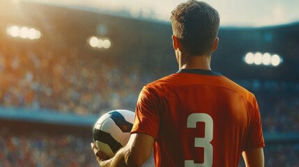 Soccer Player Holding Ball Before Game in Sunlit Stadium