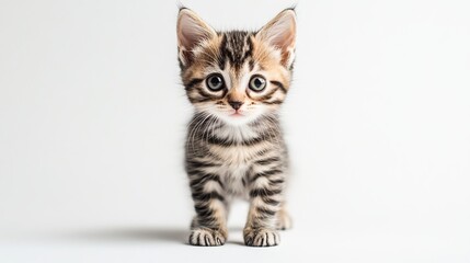 Obraz premium A charming tabby point kitten stands upright, facing the camera. Its curious gaze exudes an air of feistiness as it poses on a pristine white background. 