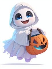 Fototapeta premium Adorable Ghost Child Trick-or-Treating with a Pumpkin Bucket 