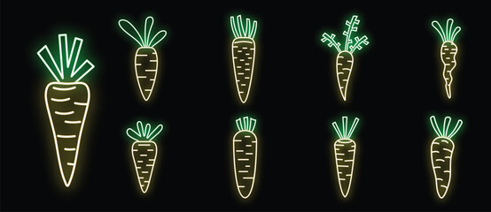 Glowing neon icons of carrots with leaves in various shapes, creating a playful and vibrant atmosphere