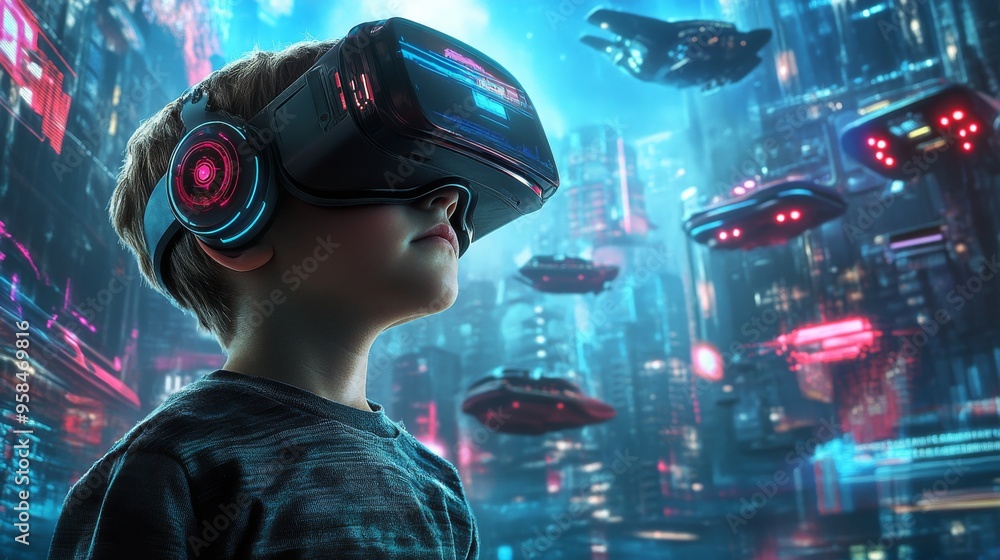 Poster cybergame playing boy in vr glasses and armor with images of game episodes. augmented reality cybers
