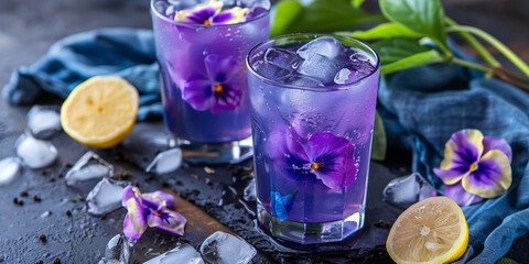  healthy drink, organic blue pea flower tea with lemon and lime on table 