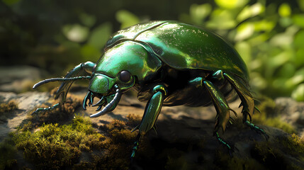 Naklejka premium Produce a striking, photorealistic 3d render of a metallic green beetle, showcasing intricate details from a low angle in a nature-inspired environment. Photorealistic. Illustration