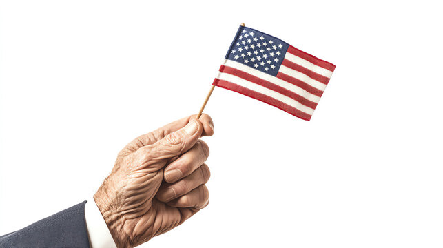 An elderly hand holding a small American flag on a white background, symbolizing patriotism and national pride.