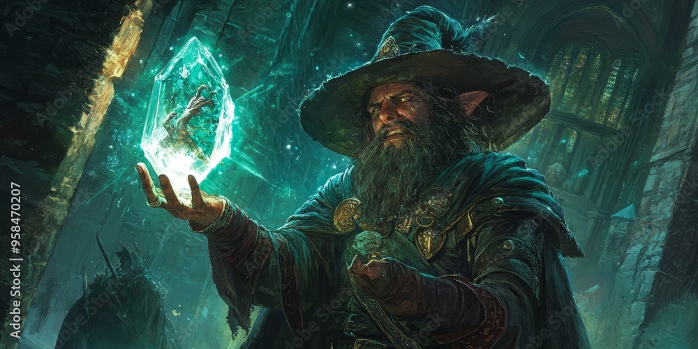 Wall mural a wizard holding a glowing crystal in a dark hall.