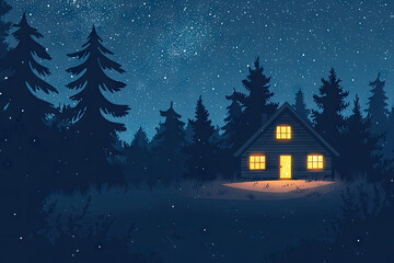 Naklejka premium A solitary cabin nestled amidst a dark forest, bathed in the warm glow of its windows, under a sky twinkling with countless stars.