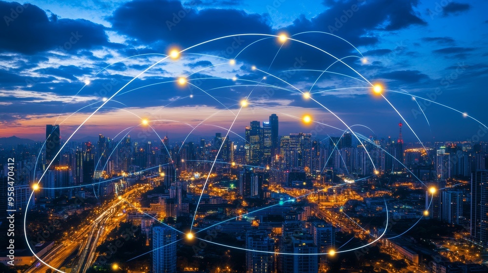 Poster the concept of a contemporary city with a wireless network connection and a cityscape concept. wirel