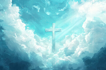 A silver cross stands tall against a backdrop of ethereal, swirling clouds, bathed in soft, radiant light.