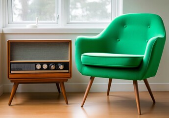 Mid-Century Modern Radio with Wooden Legs and Armchair Next to Empty Green Chair