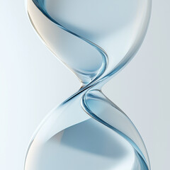 A close-up of the shape of an hourglass, with glass and light blue colors, featuring abstract minimalism and gradient effects, presented on a white background