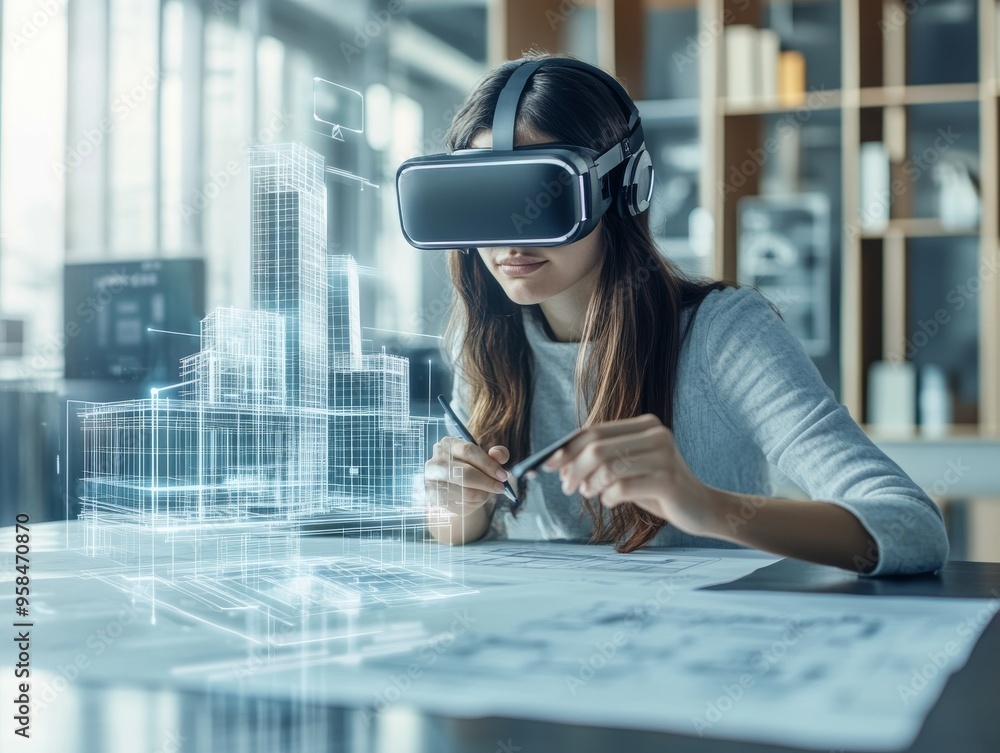 Aufkleber a female architect uses vr ar technology to work with blueprints in the real world. creating with st