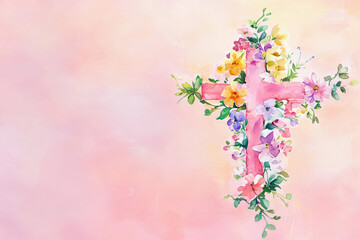 Fototapeta premium A delicate pink cross adorned with a vibrant bouquet of blossoms, a symbol of faith and beauty.