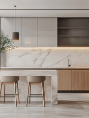 A modern kitchen with a marble countertop, a light gray and white color scheme, wall panels, light wood cabinets, a minimalistic style, interior design