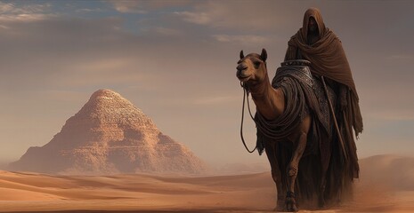 A hooded traveler leading a camel through a vast desert landscape with a pyramid in the background - AI Generated Digital Art.