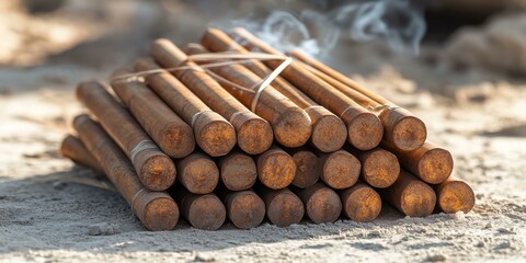 Rusty metal rods stacked on sand.