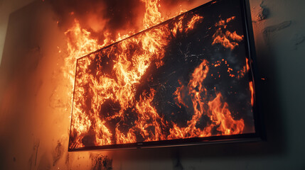 Modern Flat-screen TV Engulfed in Flames – Dramatic Fire and Smoke Scene