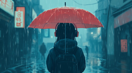 Girl Listening music, Rain Falling, minimalist Anime, Lofi, anime rain umbrella
