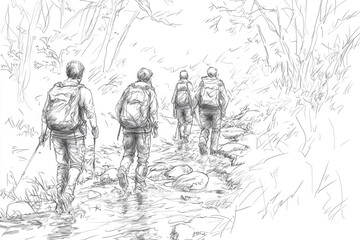 Four hikers, equipped with backpacks and trekking poles, navigate a winding stream amidst a lush, verdant forest.