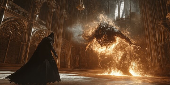 A hooded figure confronts a fiery beast in a cathedral.