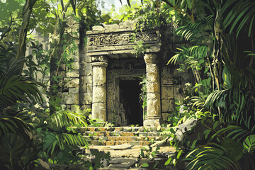 Forgotten Gateway: Ancient Ruins Reclaimed by Lush Jungle