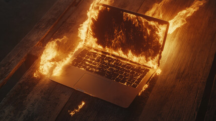 Burning Laptop on Rustic Wooden Desk – Intense Flames and Smoke
