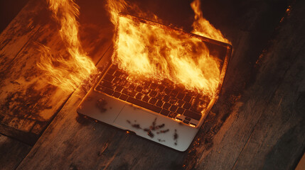 Burning Laptop on Rustic Wooden Desk – Intense Flames and Smoke