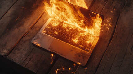 Burning Laptop on Rustic Wooden Desk – Intense Flames and Smoke