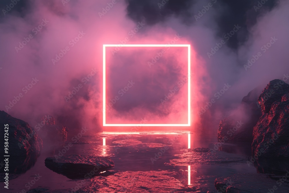 Poster a 3d rendering of a neon square rotated on water and in a rocky environment