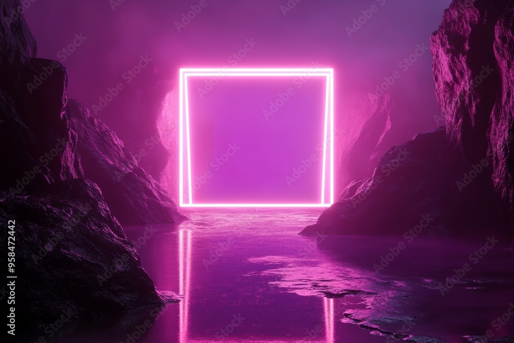 Poster a 3d rendering showing neon squares rotated on the water surface and in a rocky environment
