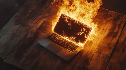 Burning Laptop on Rustic Wooden Desk – Intense Flames and Smoke