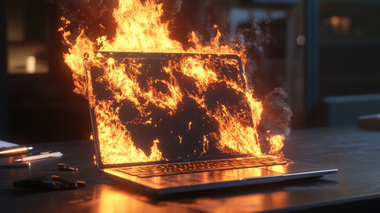 Burning Laptop on Rustic Wooden Desk – Intense Flames and Smoke