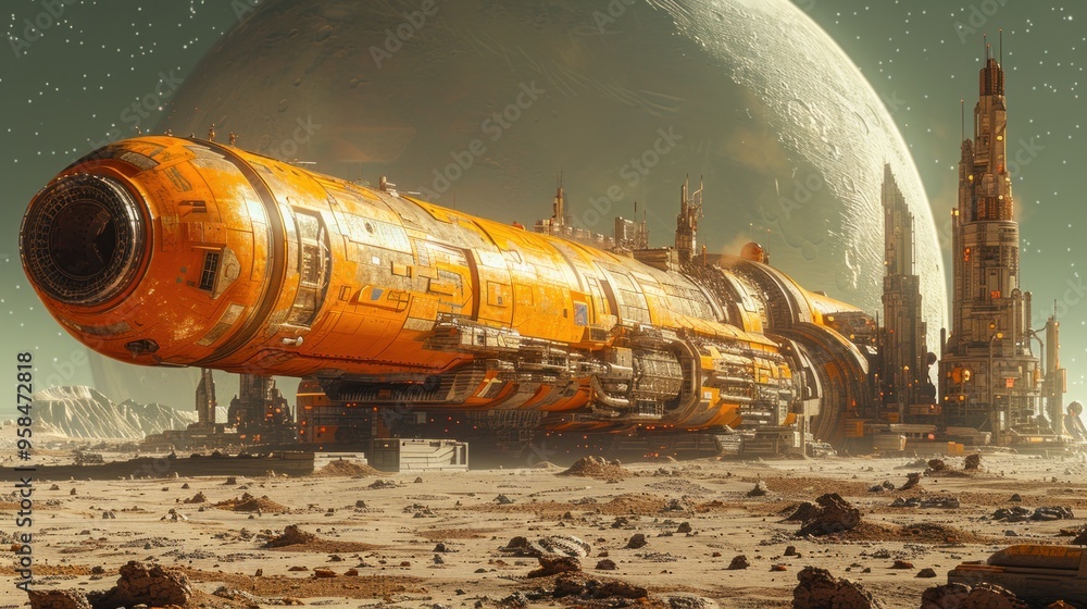 Poster a large orange spaceship is parked in front of a large planet