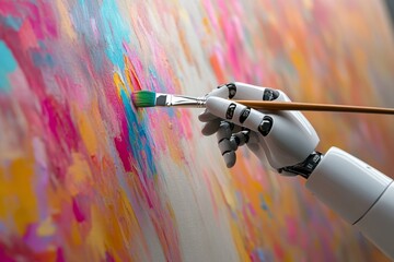 Robot Hand Holding Paintbrush, Painting Colorful Strokes on Canvas