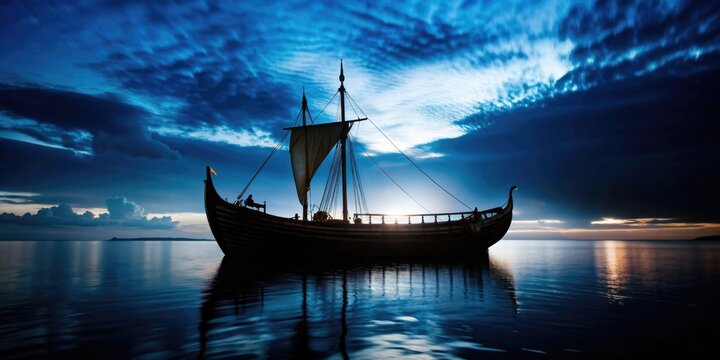 of a Scandinavian drakar ship from Viking mythology with a haunting atmosphere , Viking, Scandinavia, ship, drakar, mythology,Nordic