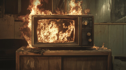 Vintage TV Engulfed in Flames on Rustic Wooden Furniture – Dramatic Fire and Smoke Scene