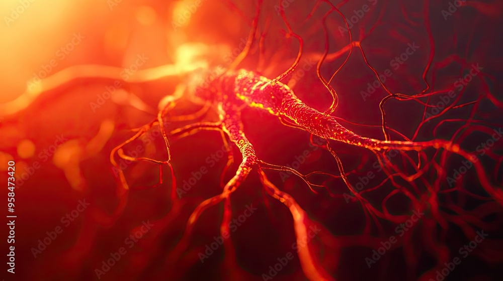 Poster abstract representation of a neuron in vibrant red hues, showcasing intricate details and textures i