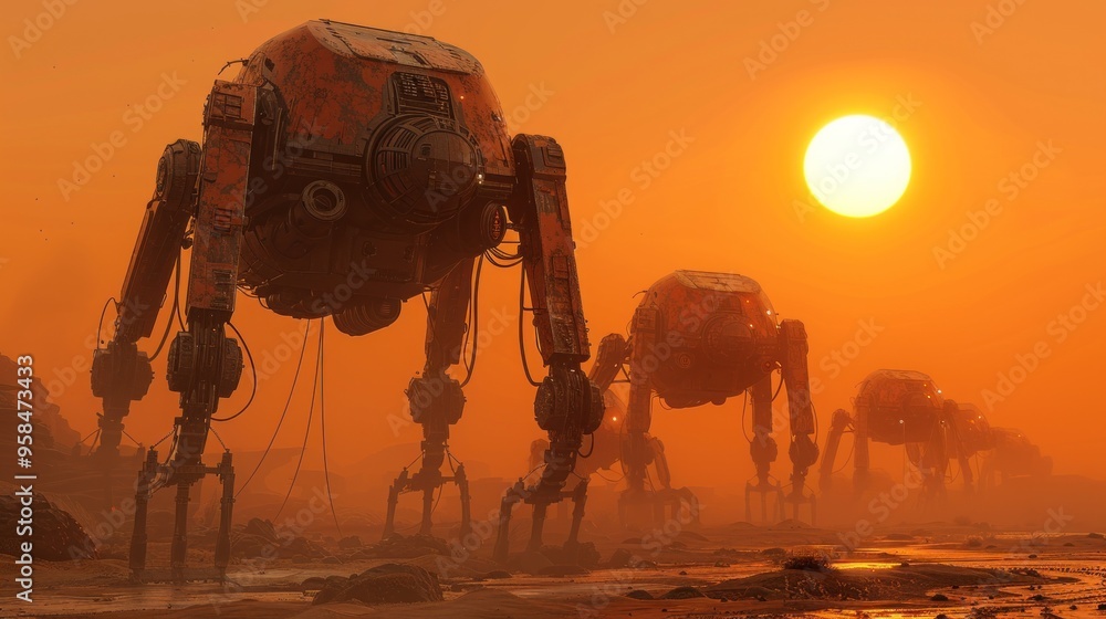 Poster a group of robots are walking in a desert with a sun in the background