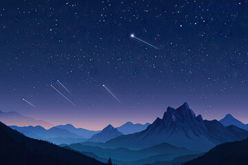 A Serene Night Sky, Adorned with Shooting Stars, Beckons Above a Silhouette of Majestic Mountains.