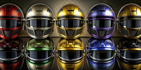 Vibrant collection of racing helmets with diverse designs and logos , racing, helmets, colorful, collection, patterns