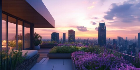 Stunning urban rooftop garden overlooking cityscape at sunset with vibrant flowers and modern architecture