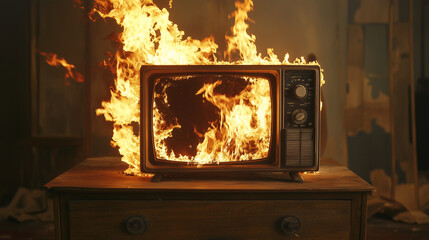 Vintage TV Engulfed in Flames on Rustic Wooden Furniture – Dramatic Fire and Smoke Scene