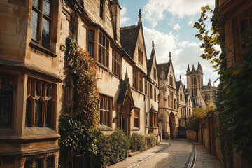 Fototapeta premium A Glimpse of Oxford's Timeless Charm: Cobblestone streets, historic buildings, and a touch of autumnal foliage paint a picturesque scene.
