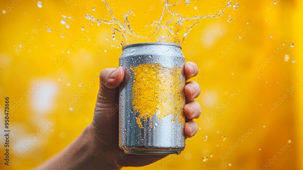 Poster a refreshing can of soda bursts open with vibrant splashes. this image captures the excitement and j