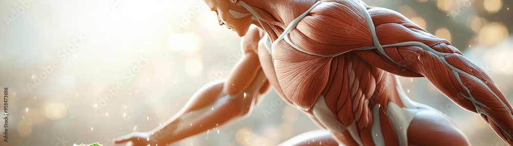 Poster a detailed representation of human anatomy highlighting muscles and body structure in an artistic an